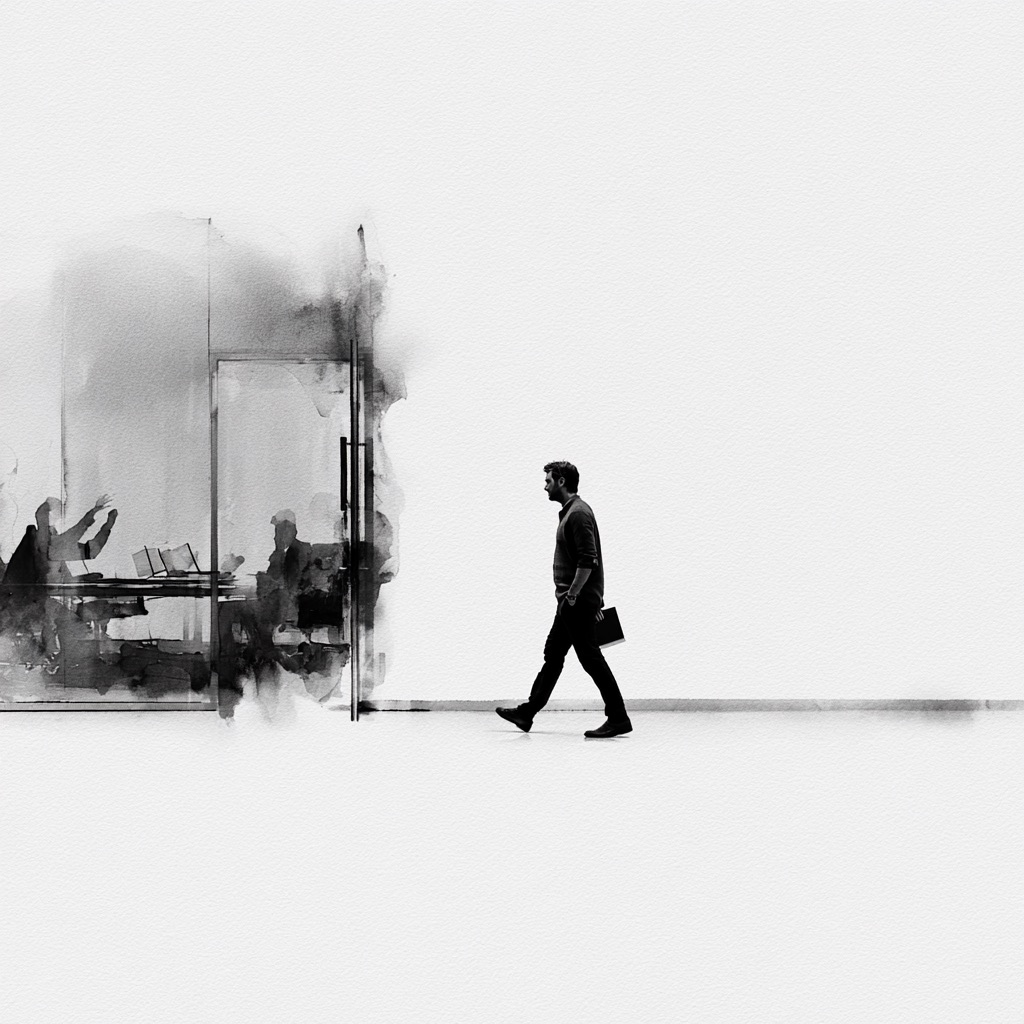 A small lone figure crossing a vast pale floor toward a faint doorway, the building around them dissolved into grey washes.
