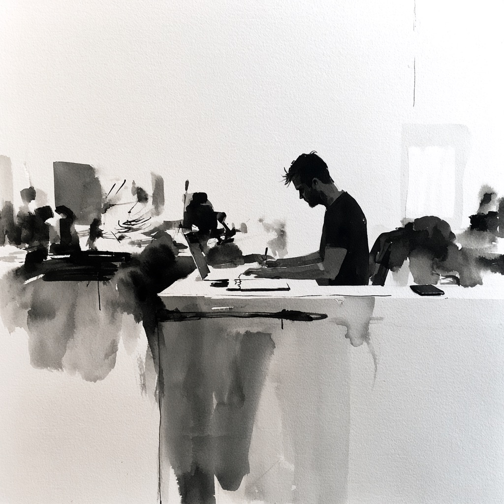 A person working at a monitor in an open-plan office, a second figure blurred behind them.