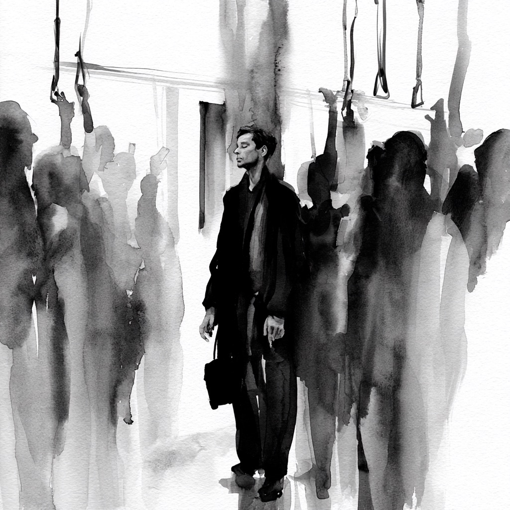 A man standing still in a crowded train carriage with his eyes closed, hanging straps above and other passengers loosely washed in around him.
