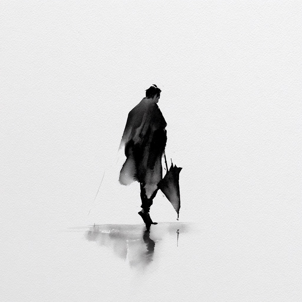 A lone figure in a dark coat walking away across a pale wet surface, a furled umbrella hanging at their side and a faint reflection beneath them.
