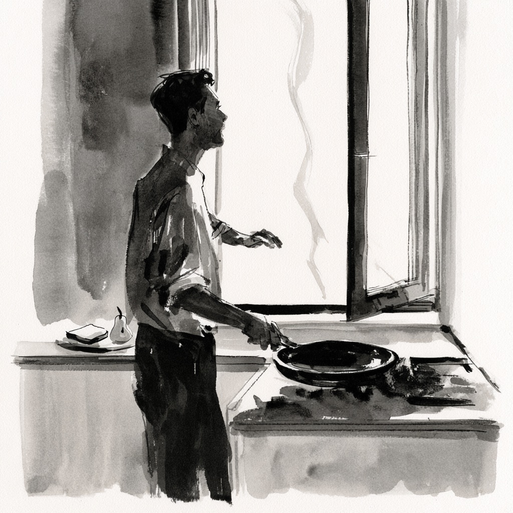 A person standing at a stove by a bright window, a dark pan smoking in front of them.