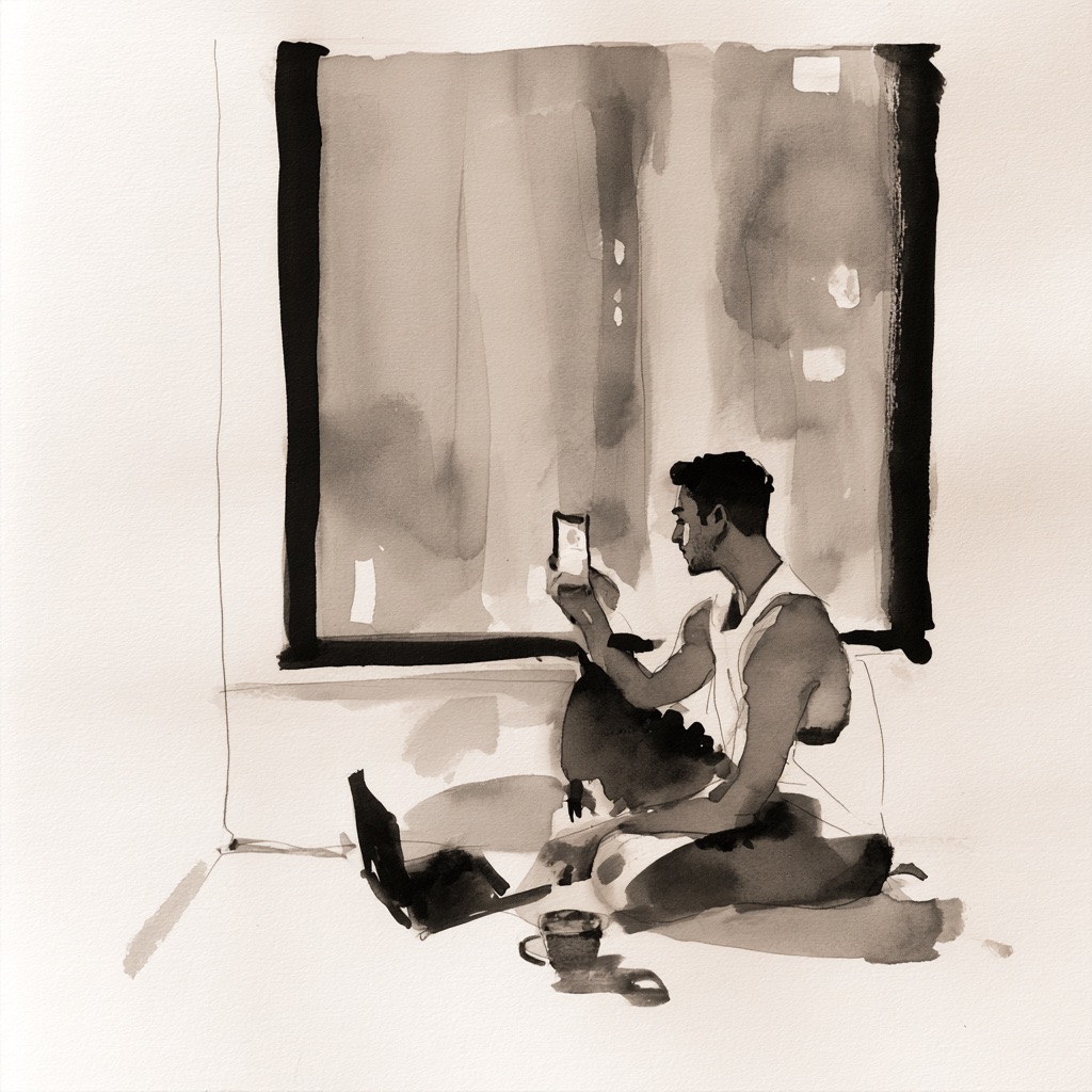 A person sitting cross-legged on the floor holding a phone up to their face, a tall window behind them.