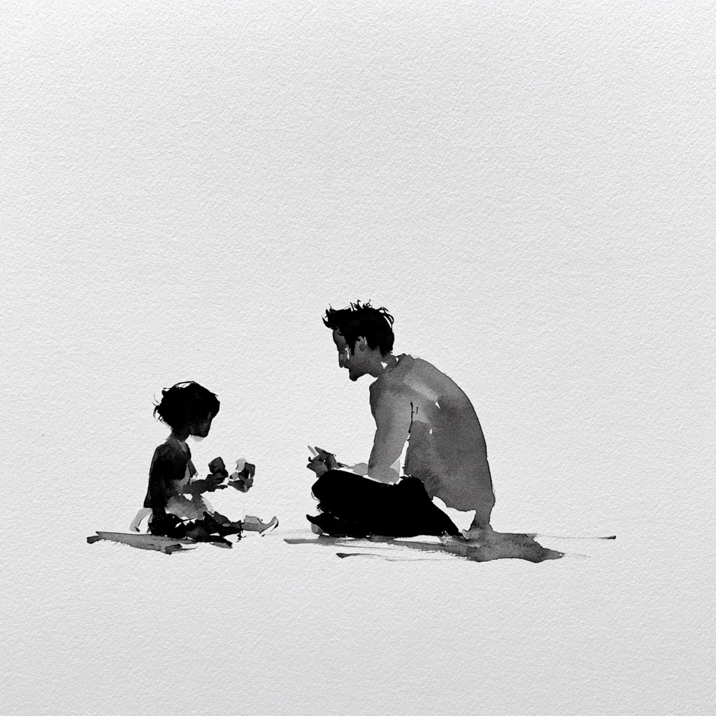 An adult kneeling on the floor facing a small child, the two of them alone on an otherwise empty sheet.