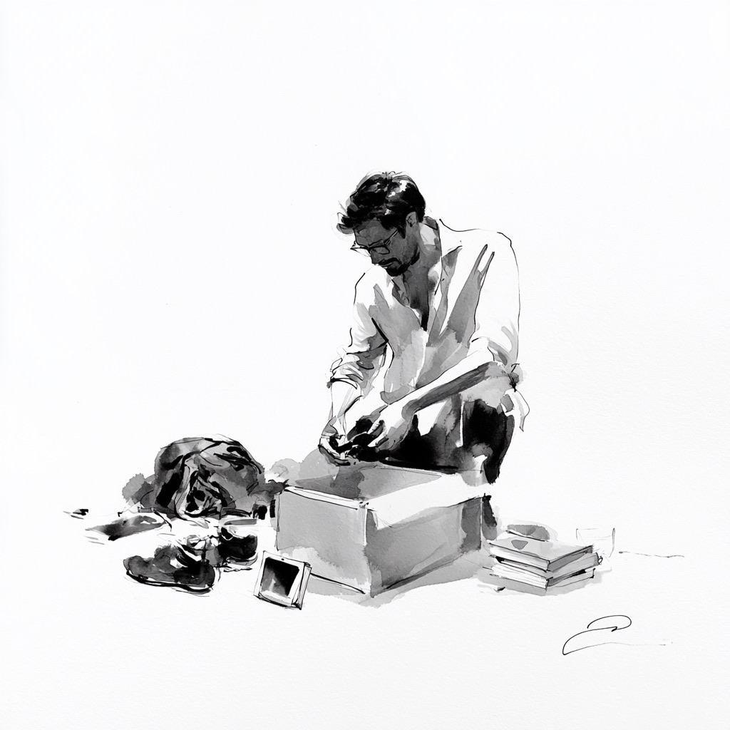 A person crouched over an open cardboard box with their belongings scattered around them.