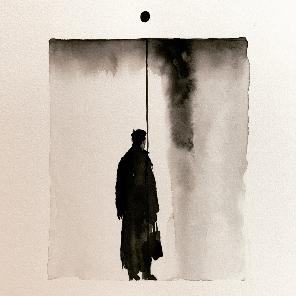 A lone figure standing in a narrow dark shaft, a single small light above.