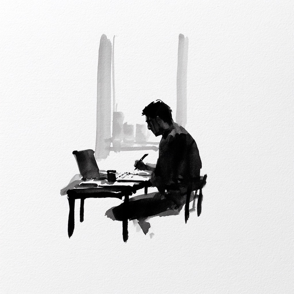A person sitting at a desk with a laptop in front of tall windows, the room around them bare.