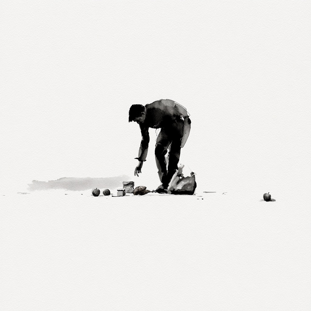 A figure bent over, gathering scattered items from an empty pale floor.