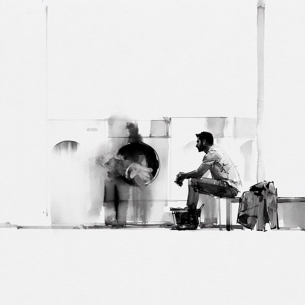 Figures waiting on a bench in front of a row of washing machines, the whole scene bleached almost to white.