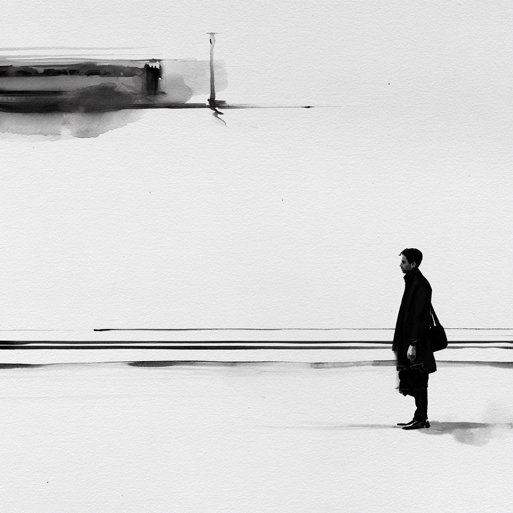 A small figure alone on an empty platform as a train recedes into the distance.