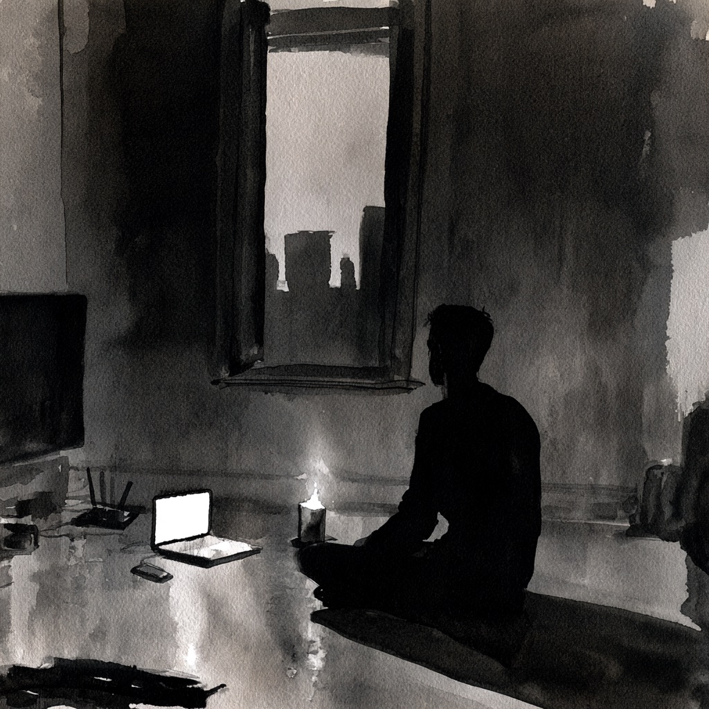 A person sitting in a dark room lit only by an open laptop, a mirror and window behind them.