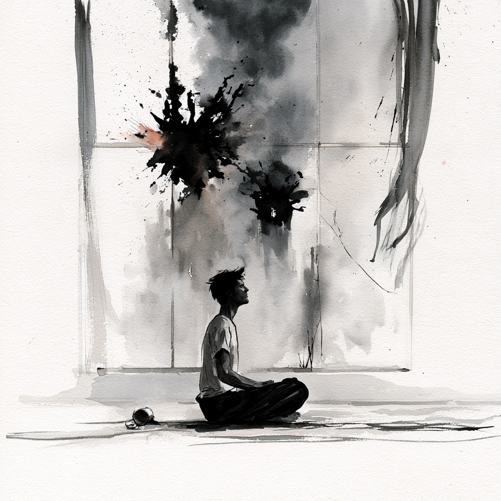 A person kneeling on the floor beneath a black burst of ink spreading across the wall.