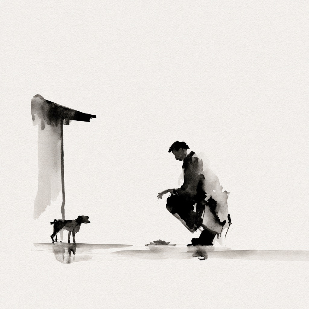 A person crouching to meet a thin dog on empty pale ground.