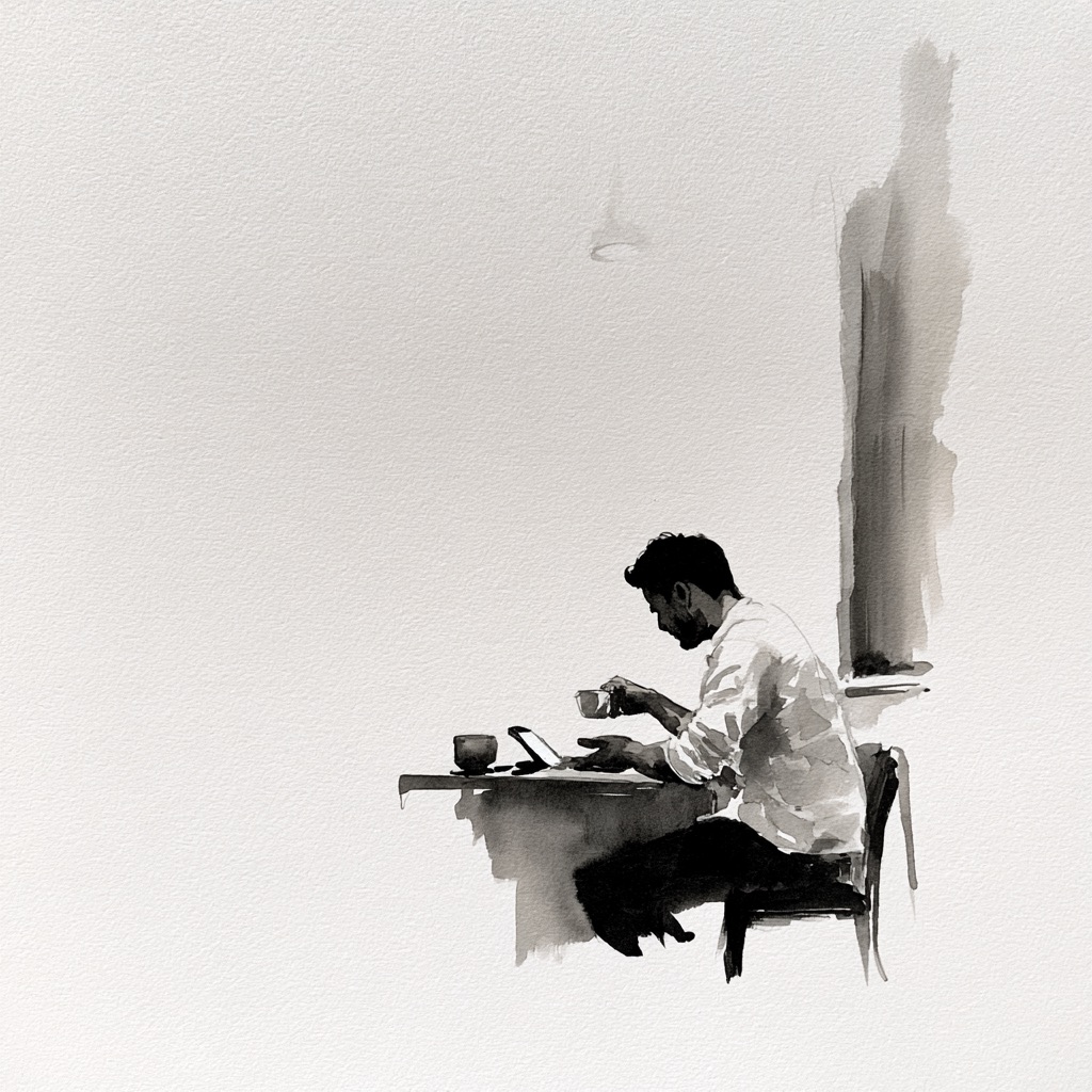 A person sitting at a table looking at a phone, a tall blurred figure standing behind them.