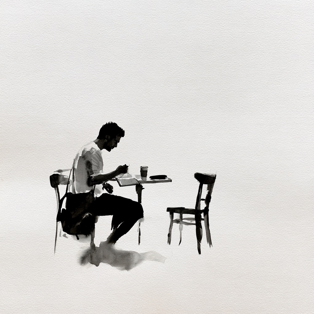 A person sitting alone at a small café table with an empty chair opposite.