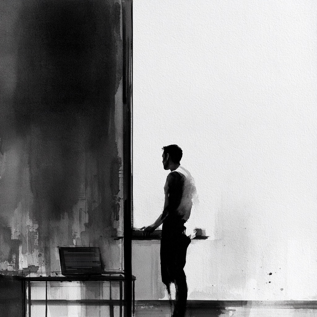 A person standing at a window in a dark room with their back to us.