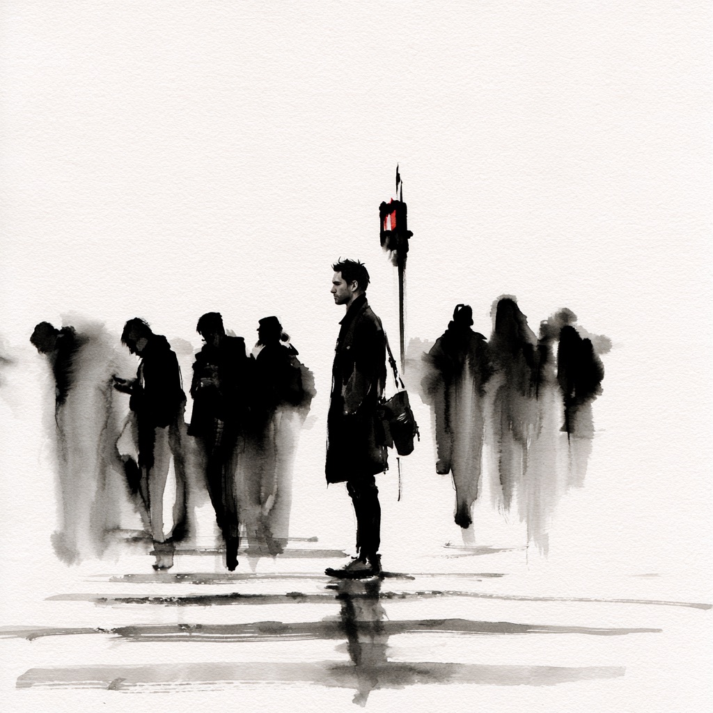 A crowd of dark figures waiting at a crossing under a traffic light, one of them standing perfectly still.