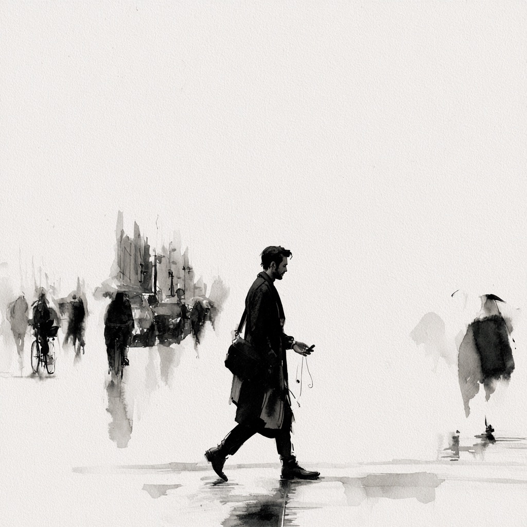 A figure walking through a pale street as the city and the people in it dissolve into washes behind them.